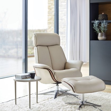 G Plan Lund Recliner Chair and Stool with Veneered Side in Leather