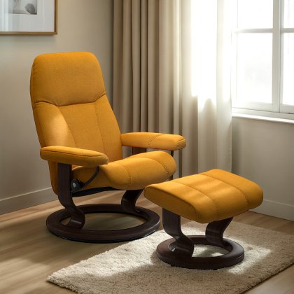 Stressless Consul Chair in Fabric, Classic Base with Footstool Stressless Consul Chair in Fabric, Classic Base with Footstool