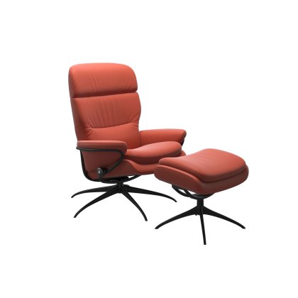 Stressless Rome Chair with Adjustable Headrest in Leather, Star High Base with Footstool Stressless Rome Chair with Adjustable Headrest in Leather, Star High Base with Footstool