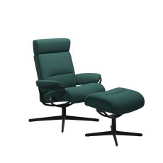 Stressless Tokyo Chair with Adjustable Headrest in Fabric, Urban Cross Base with Footstool Stressless Tokyo Chair with Adjustable Headrest in Fabric, Urban Cross Base with Footstool
