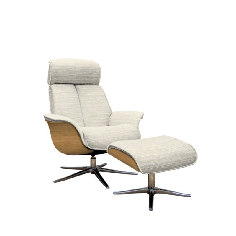 G Plan G Plan Lund Recliner Chair and Stool with Veneered Side in Fabric