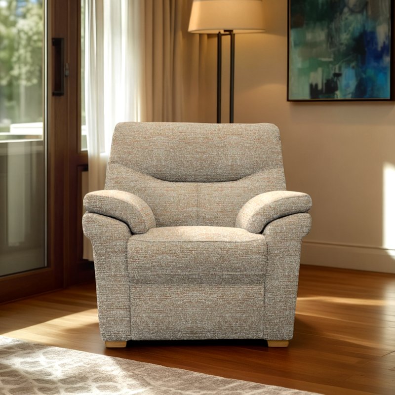 G Plan G Plan Seattle Chair Heated Seat with Show Wood in Fabric