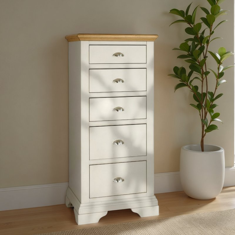 Bentley Designs Hampstead Soft Grey and Pale Oak 5 Drawer Tall Chest