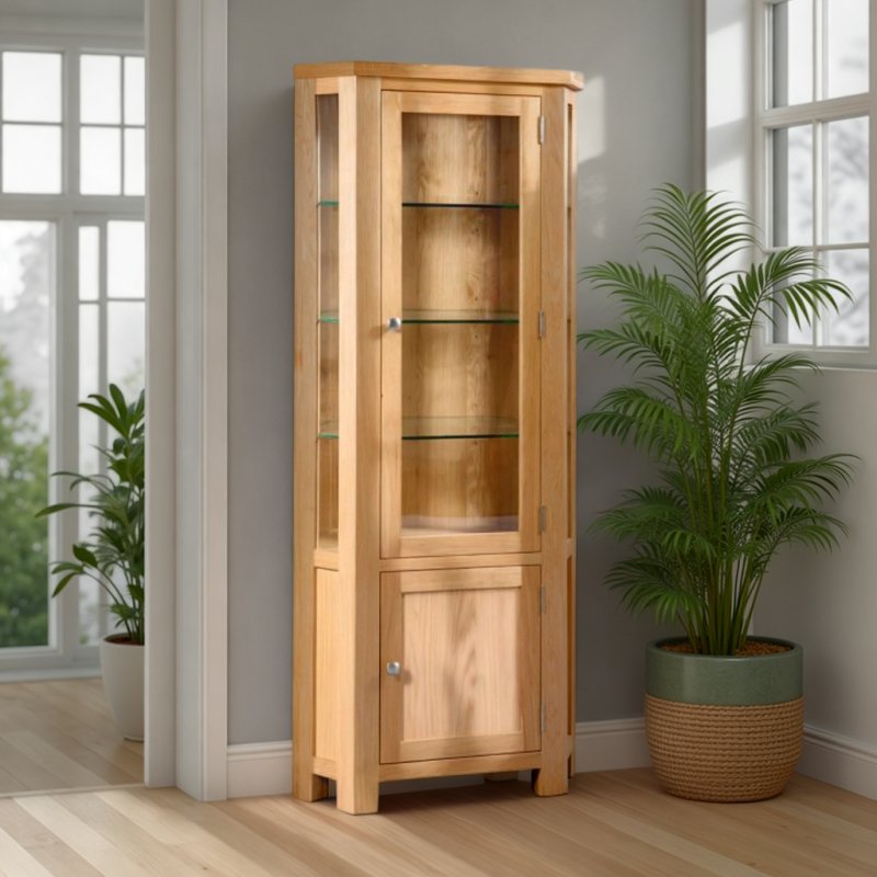 H Collection Arundel Light Oak Corner Display Cabinet With Light